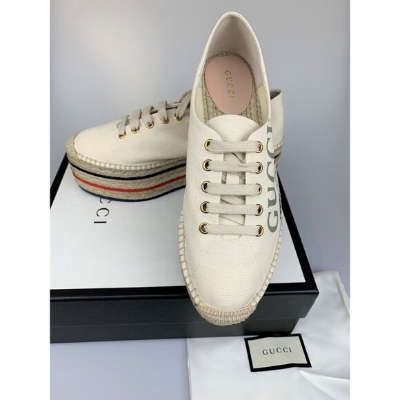 NIB Gucci Women's Platform Espadrilles with logo In White Size 38.5 - Picture 4 of 11